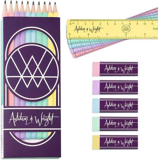 Pastel Stationery Set - Classic HB Pencils, 15cm Rulers, Erasers