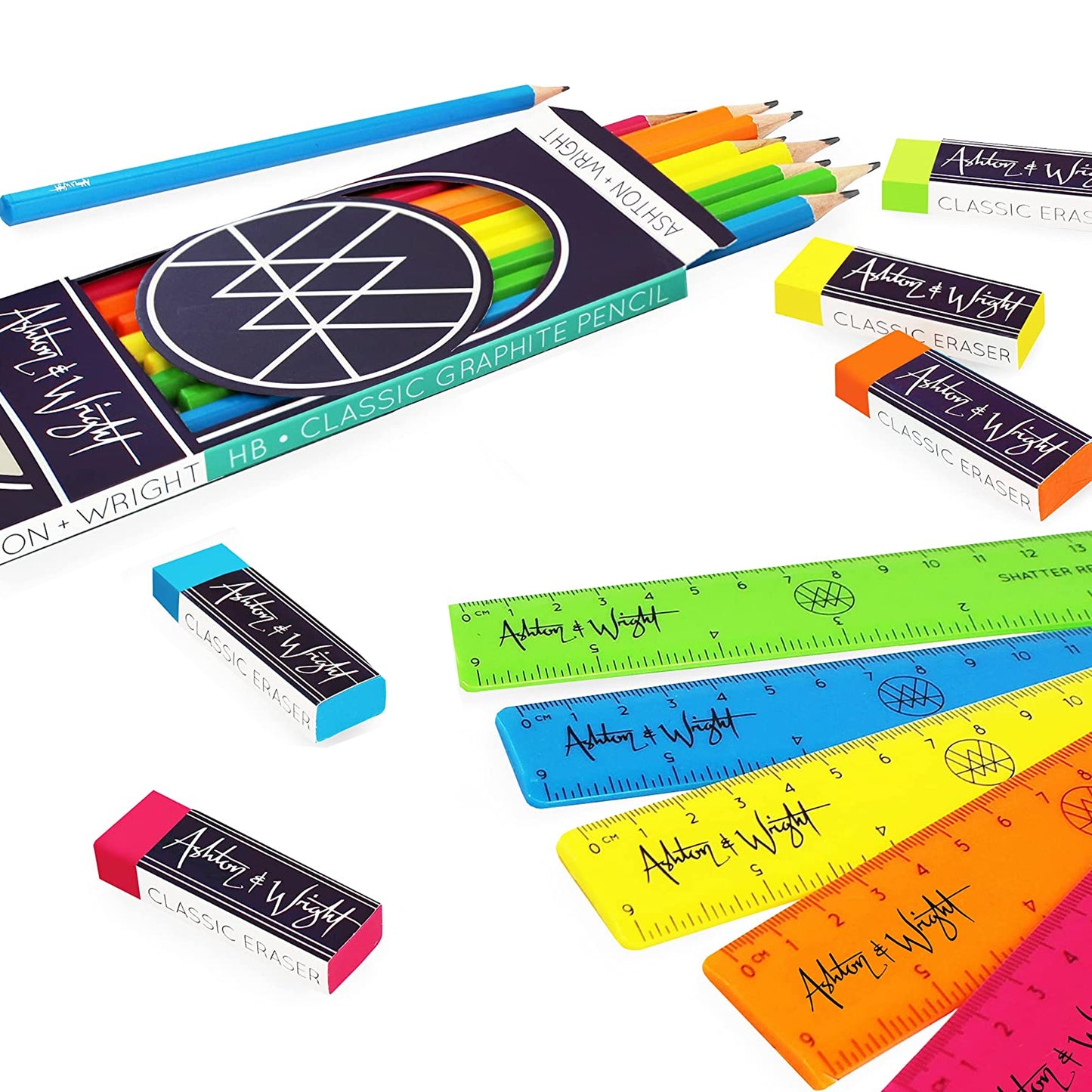Neon Stationery Set - Classic HB Pencils, 15cm Rulers, Erasers