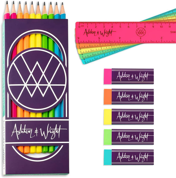 Neon Stationery Set - Classic HB Pencils, 15cm Rulers, Erasers