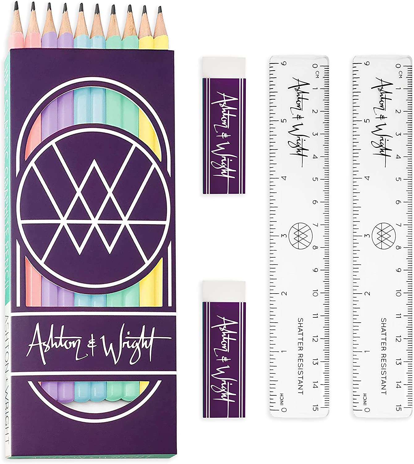 Stationery Set - HB Pastel Pencils, Clear Rulers & White Erasers