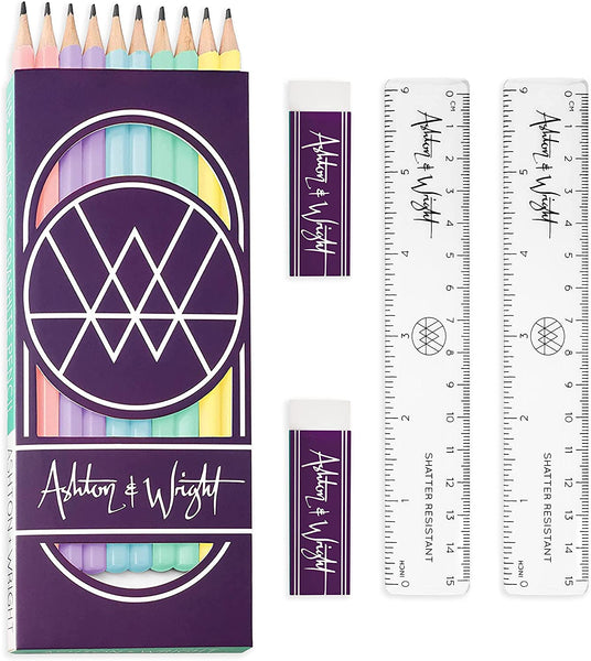 Stationery Set - HB Pastel Pencils, Clear Rulers & White Erasers